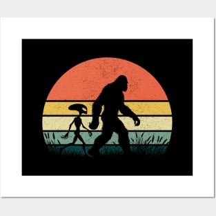 Bigfoot Walking With Alien Vintage Sunset Hiking Outdoor Posters and Art